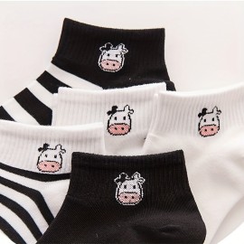 5 Pairs Cute Cow Print Ankle Socks For Women - Comfortable And Breathable Hosiery