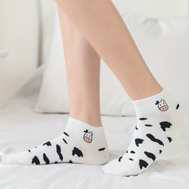 5 Pairs Cute Cow Print Ankle Socks For Women - Comfortable And Breathable Hosiery