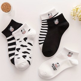 5 Pairs Cute Cow Print Ankle Socks For Women - Comfortable And Breathable Hosiery