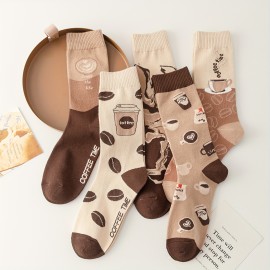 5 Pairs Coffee Print Socks, Comfy & Breathable Mid Tube Socks, Women's Stockings & Hosiery