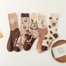 5 Pairs Coffee Print Socks, Comfy & Breathable Mid Tube Socks, Women's Stockings & Hosiery