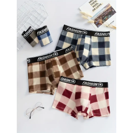 3pcs Men's Casual Plaid Boxer Briefs Shorts, Sexy Breathable Comfy Stretchy Boxer Trunks, Men's Underwear