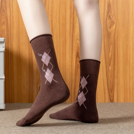 5 Pairs Argyle Pattern Socks, Retro & Warm Mid Tube Socks, Women's Stockings & Hosiery