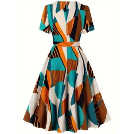 Geo Print Belted Dress, Casual Square Neck Short Sleeve Dress For Spring & Summer, Women's Clothing