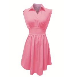 Slim Waist Ruffle Dress, Cute Solid Sleeveless Dress With A Collar, Women's Clothing