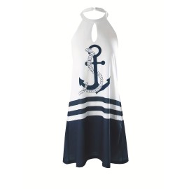 Anchor Print Color Block Halter Dress, Casual Backless Halter Neck Dress For Spring & Summer, Women's Clothing