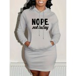 Nope Not Today Print Hooded Dress, Casual Drawstring Long Sleeve Dress, Women's Clothing