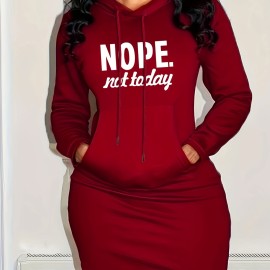 Nope Not Today Print Hooded Dress, Casual Drawstring Long Sleeve Dress, Women's Clothing