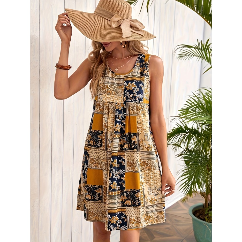 Patchwork Print Crew Neck Dress, Vacation Style Sleeveless Dress For Spring & Summer, Women's Clothing