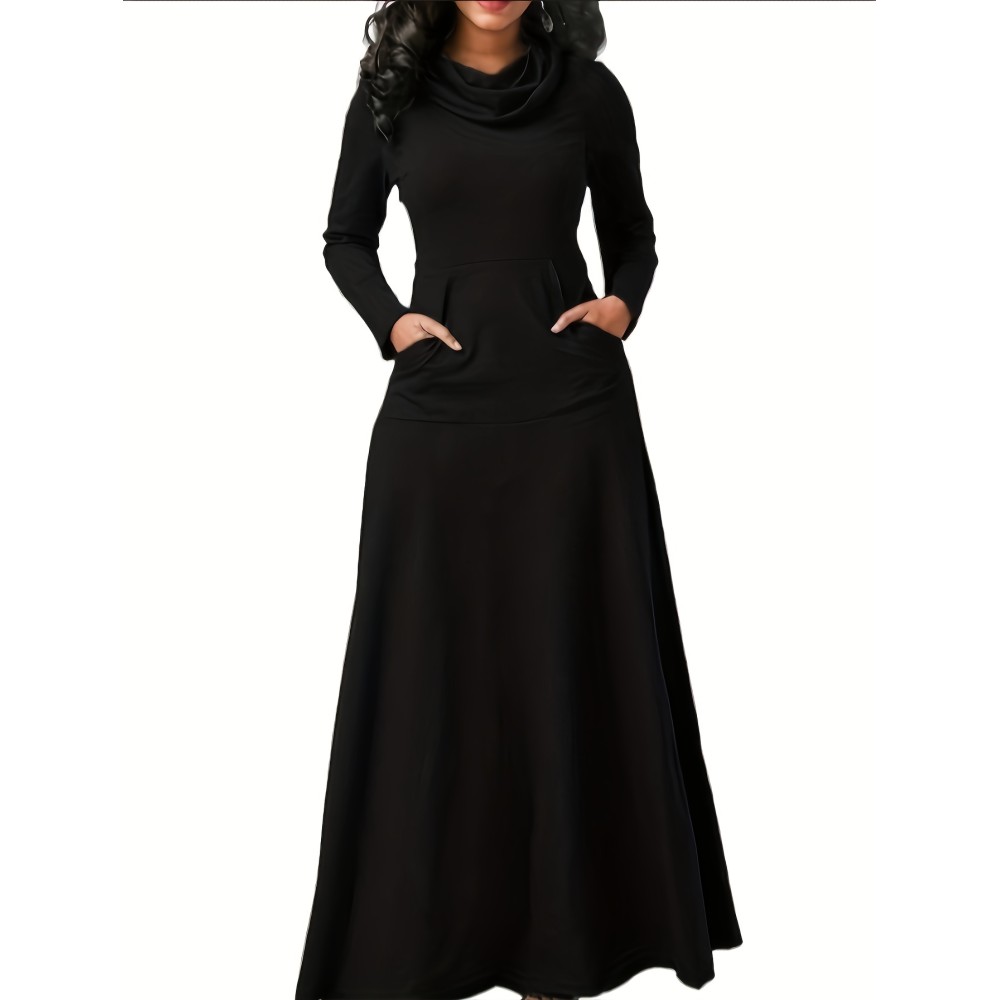 Pile Collar Pocket Front Dress, Elegant Long Sleeve Maxi Dress, Women's Clothing