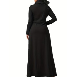 Pile Collar Pocket Front Dress, Elegant Long Sleeve Maxi Dress, Women's Clothing