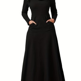 Pile Collar Pocket Front Dress, Elegant Long Sleeve Maxi Dress, Women's Clothing