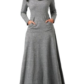 Pile Collar Pocket Front Dress, Elegant Long Sleeve Maxi Dress, Women's Clothing