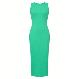 Textured Solid Dress, Sexy Crew Neck Sleeveless Bodycon Dress, Women's Clothing