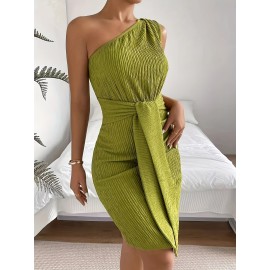 Solid One Shoulder Tie Waist Dress, Elegant Sleeveless Bodycon Dress For Spring & Summer, Women's Clothing