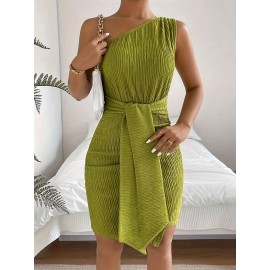 Solid One Shoulder Tie Waist Dress, Elegant Sleeveless Bodycon Dress For Spring & Summer, Women's Clothing