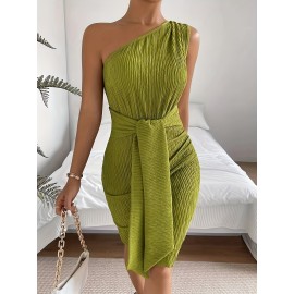 Solid One Shoulder Tie Waist Dress, Elegant Sleeveless Bodycon Dress For Spring & Summer, Women's Clothing