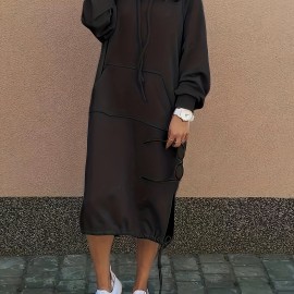 Drawstring Split Hooded Dress, Casual Solid Long Sleeve Midi Dress, Women's Clothing