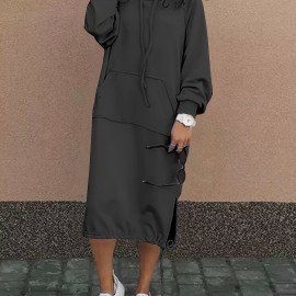 Drawstring Split Hooded Dress, Casual Solid Long Sleeve Midi Dress, Women's Clothing