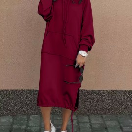 Drawstring Split Hooded Dress, Casual Solid Long Sleeve Midi Dress, Women's Clothing