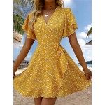 Floral Print Ruffle Hem Wrap Dress, Sexy Short Sleeve V-neck Dress For Spring & Summer, Women's Clothing