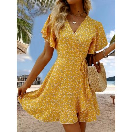 Floral Print Ruffle Hem Wrap Dress, Sexy Short Sleeve V-neck Dress For Spring & Summer, Women's Clothing