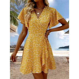 Floral Print Ruffle Hem Wrap Dress, Sexy Short Sleeve V-neck Dress For Spring & Summer, Women's Clothing