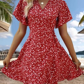 Floral Print Ruffle Hem Wrap Dress, Sexy Short Sleeve V-neck Dress For Spring & Summer, Women's Clothing