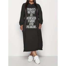 Letter Print Hooded Dress, Casual Drawstring Long Sleeve Dress, Women's Clothing