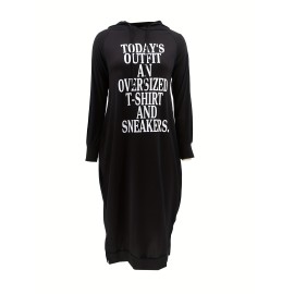 Letter Print Hooded Dress, Casual Drawstring Long Sleeve Dress, Women's Clothing