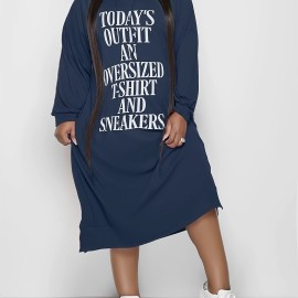 Letter Print Hooded Dress, Casual Drawstring Long Sleeve Dress, Women's Clothing