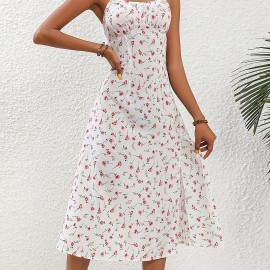 Floral Print Spaghetti Dress, Elegant Split Backless Cami Dress, Women's Clothing