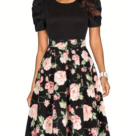 Floral Splicing Dress, Vintage Crew Neck Pleated Short Sleeve Party Dress, Women's Clothing