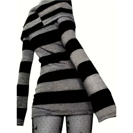 Striped Print Foldover Dress, Casual Long Sleeve Bodycon Dress, Women's Clothing