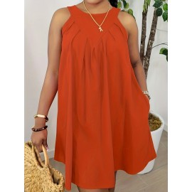 Solid Crew Neck Tank Dress, Elegant Sleeveless Loose Dress For Summer, Women's Clothing