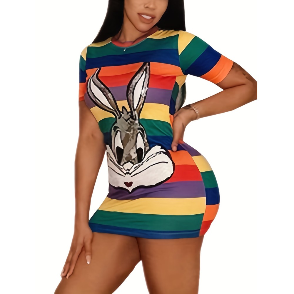 Sequined Bunny Color Block Dress, Cute Bodycon Crew Neck Short Sleeve Dress, Women's Clothing