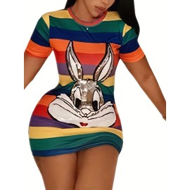 Sequined Bunny Color Block Dress, Cute Bodycon Crew Neck Short Sleeve Dress, Women's Clothing