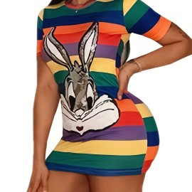 Sequined Bunny Color Block Dress, Cute Bodycon Crew Neck Short Sleeve Dress, Women's Clothing