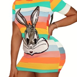 Sequined Bunny Color Block Dress, Cute Bodycon Crew Neck Short Sleeve Dress, Women's Clothing