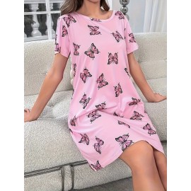 Butterfly Print Crew Neck Dress, Casual Short Sleeve Dress For Spring & Summer, Women's Clothing