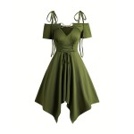 Cold Shoulder Lace Up Asymmetric Dress,  Tie Knot Shoulder Chain Detail Solid Color Short Sleeve Dress, Women's Clothing