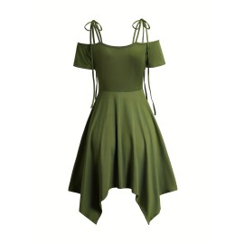 Cold Shoulder Lace Up Asymmetric Dress,  Tie Knot Shoulder Chain Detail Solid Color Short Sleeve Dress, Women's Clothing