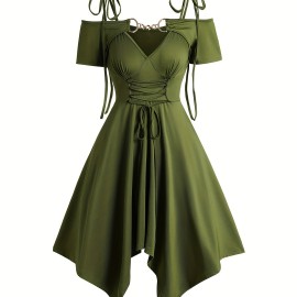 Cold Shoulder Lace Up Asymmetric Dress,  Tie Knot Shoulder Chain Detail Solid Color Short Sleeve Dress, Women's Clothing