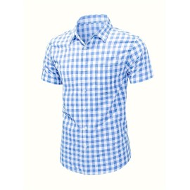 Men's Casual Button-up Shirt Short Sleeve Cotton Plaid Shirt Casual Small Plaid Shirt Regular Fit