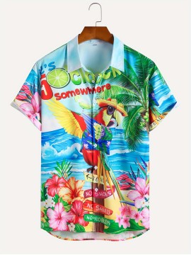 Beach Style Parrot 3D Graphic Print Men's Short Sleeve Shirt - Summer Fashion and Creative Gift