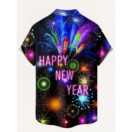 Firework & Letter Pattern Men's Trendy Short Sleeve Lapel Shirt, Summer Holiday, New Year Gift