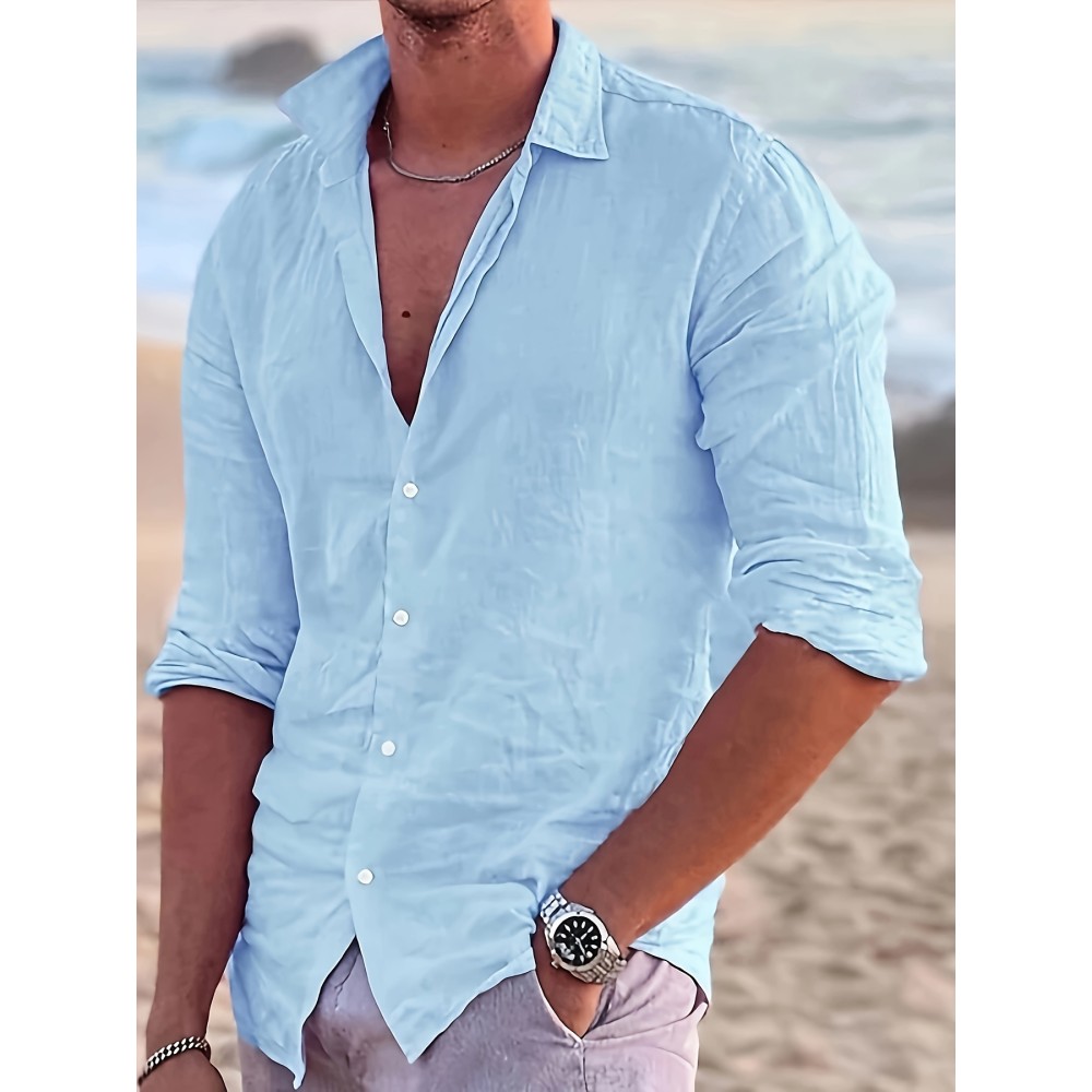 Casual Solid Men's Cotton Comfy Long Sleeve Button Up Shirt, Spring Fall, Beach Holiday Top