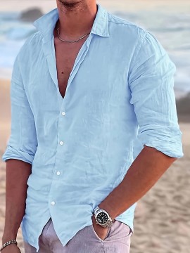 Casual Solid Men's Cotton Comfy Long Sleeve Button Up Shirt, Spring Fall, Beach Holiday Top