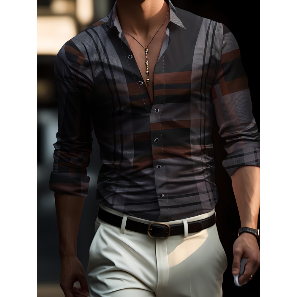 Mens Semi-formal Non Stretch Long Sleeve Turndown Collar Shirt, Male Clothes For Spring And Summer