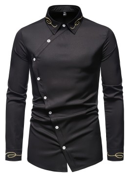 Embroidery Design Men's Stylish Asymmetrical Slim Long Sleeve Single Breast Shirt With Button, Banquet Wedding